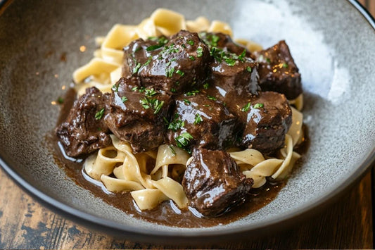 Sfaturi de carne de vită cu usturoi de usturoi cu taitei cu ou de unt