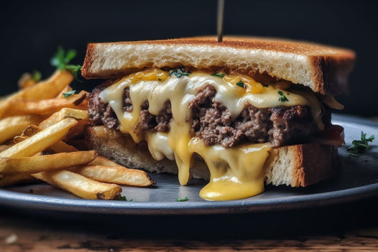 Patty gourmet se topește cu ceapă caramelizată și brânză elvețiană