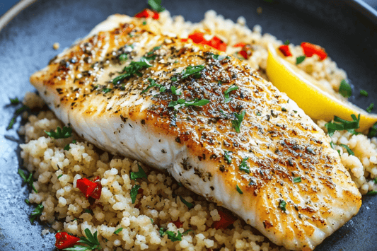 Pan-Seared Sea Bass cu sos de unt de lămâie și cuscus cu ierburi