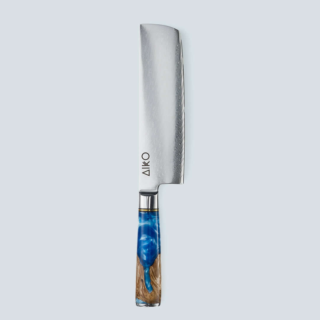 AIKO BLUE (あいこ, アイコ) Cuțit de oțel Damasc cu mâner de rășină albastru colorat