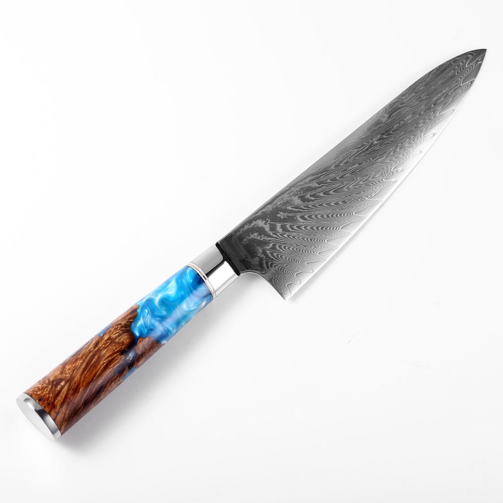 Cuțit de oțel Gyuto (牛刀) Damasc cu mâner de rășină albastru colorat
