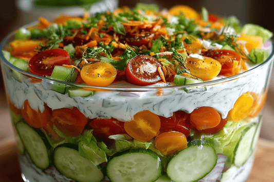Classic Seven Layer Salad with Crisp Veggies and Creamy Dressing