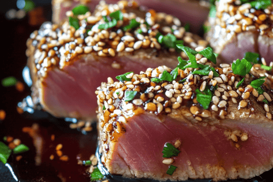 Seared Tuna Steak with Sesame-Crust and Soy-Ginger Drizzle