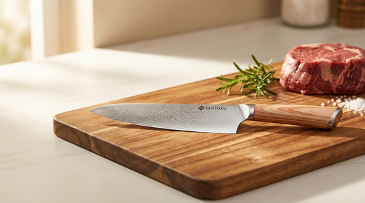 Haruta VG10 Damascus gyuto chef knife on a wooden board with raw meat prep — best Japanese knife for meat