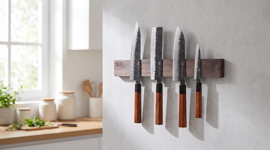 A wooden magnetic wall knife rack mounted on a kitchen wall holding Japanese-steel knives