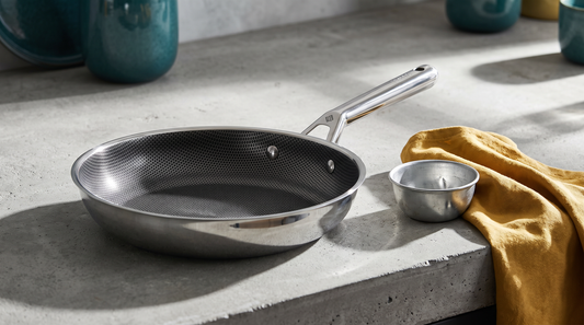 Stainless steel frying pan on a raw concrete counter in hard morning light, with a small tin bowl and a folded mustard cloth beside it