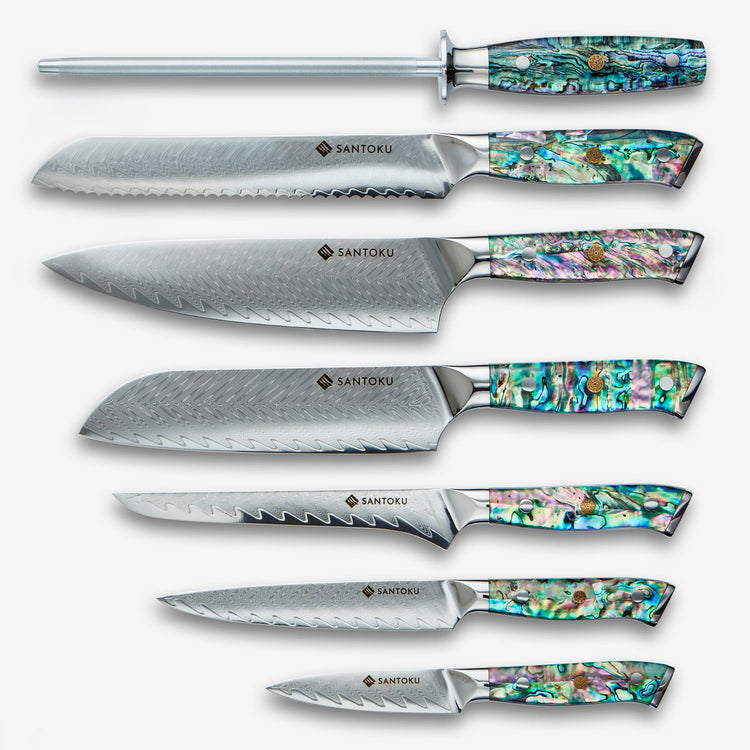 Set de cuțite din oțel Chikashi Damasc cu mâner de abalone