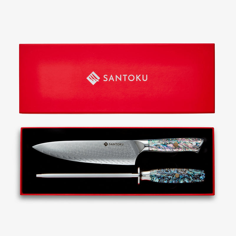 Set de cuțite și oțel Chikashi Damascus cu mâner de abalone