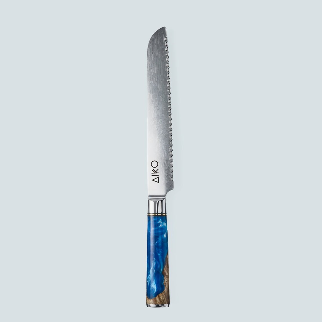 Cuțit din oțel Damasc Aiko Blue (あいこ, アイコ) cu mâner din rășină colorată în albastru