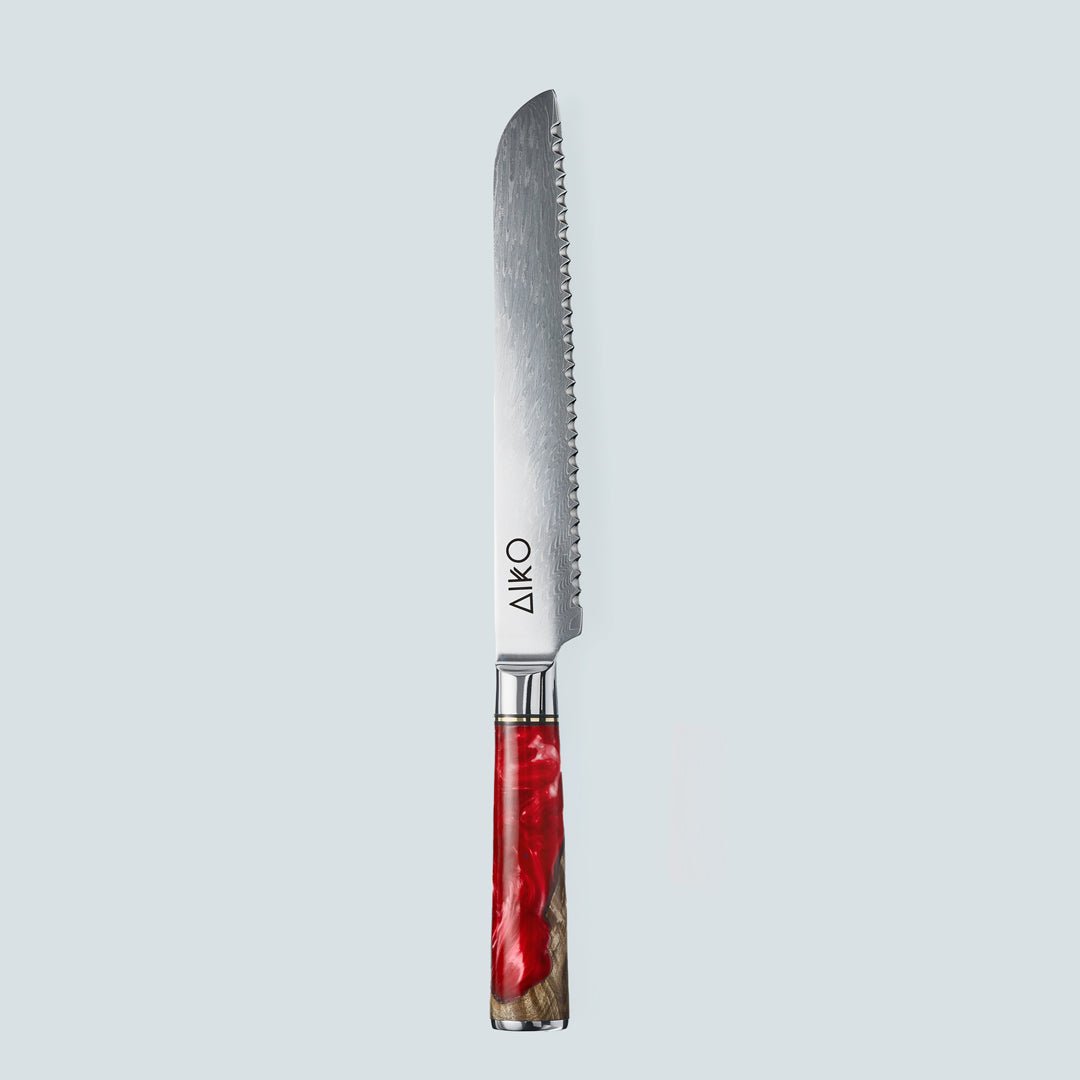 Aiko Red (あいこ, アイコ) Cuțit de oțel Damasc cu mâner de rășină roșie colorat
