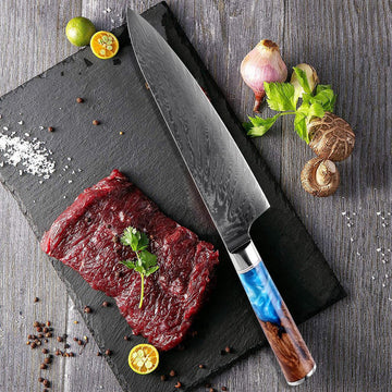 Cuțit de oțel Gyuto (牛刀) Damasc cu mâner de rășină albastru colorat